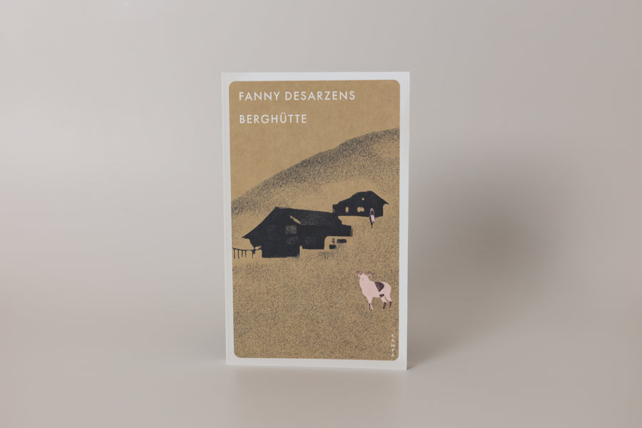 Book cover with illustration of a house and cow on a beige background