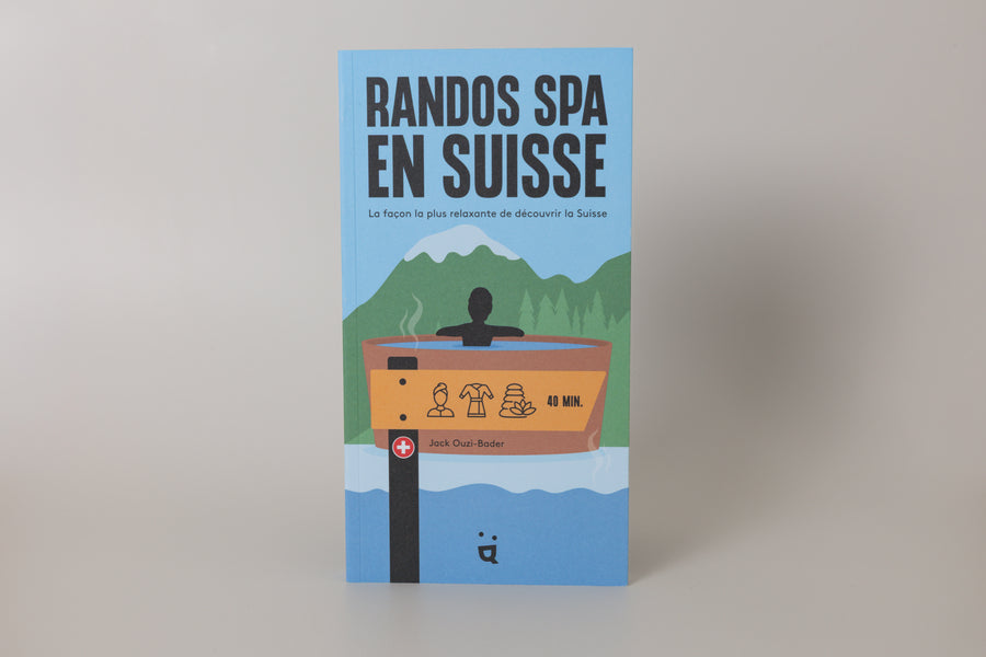 Book cover titled 'RANDOS SPA EN SUISSE' with a illustration of a person in a hot tub and Swiss flag.