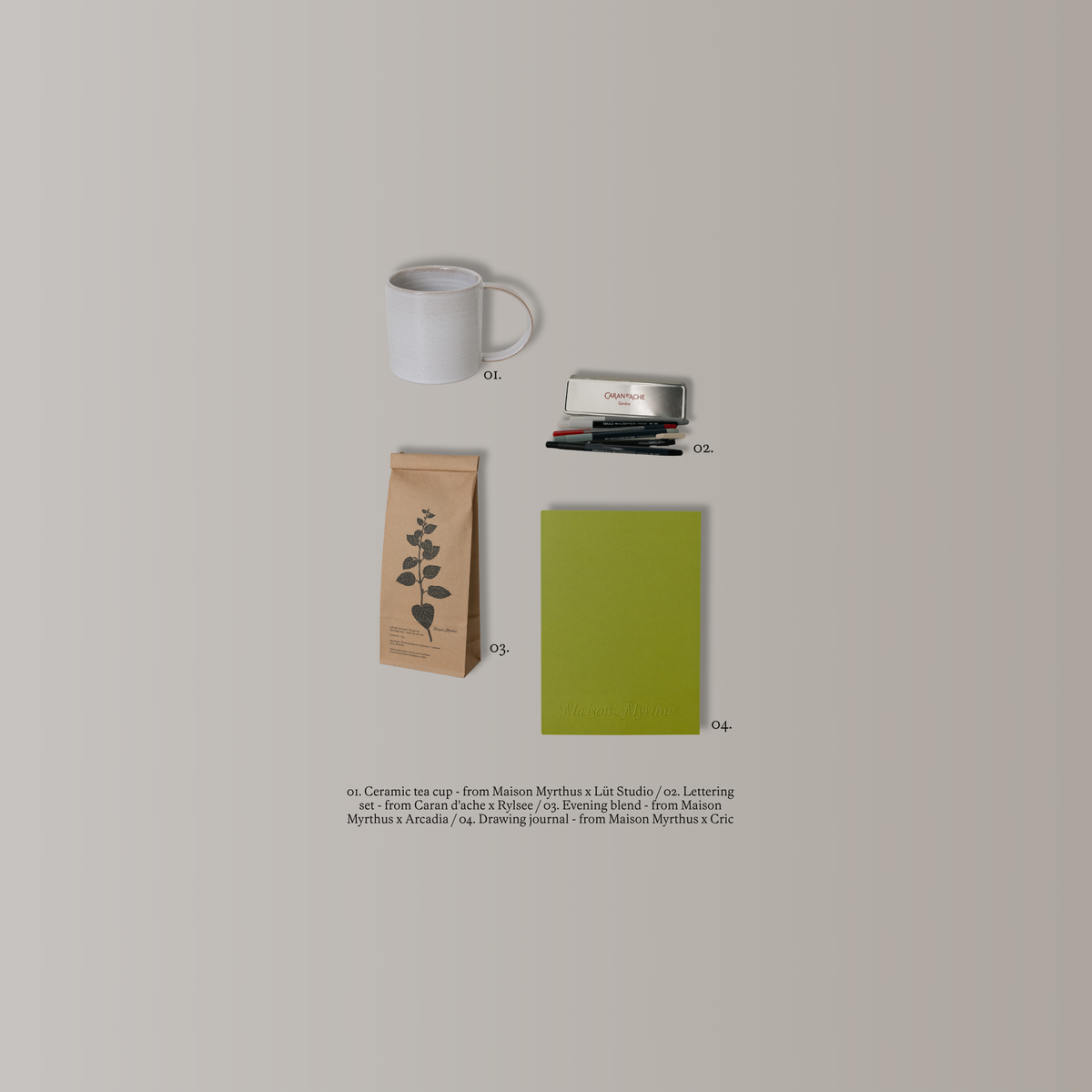 A minimalist flat-lay product presentation on a warm beige background, featuring four items from Maison Miyabi: a white ceramic tea cup, a brown kraft paper bag with a botanical print, a green notebook, and a silver metal case with black pens. Small numbered labels (01-04) and a descriptive text block are printed below.