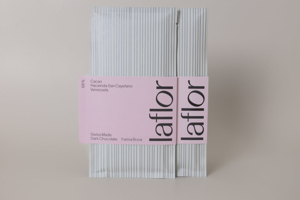 Laflor chocolate packaging on a beige background